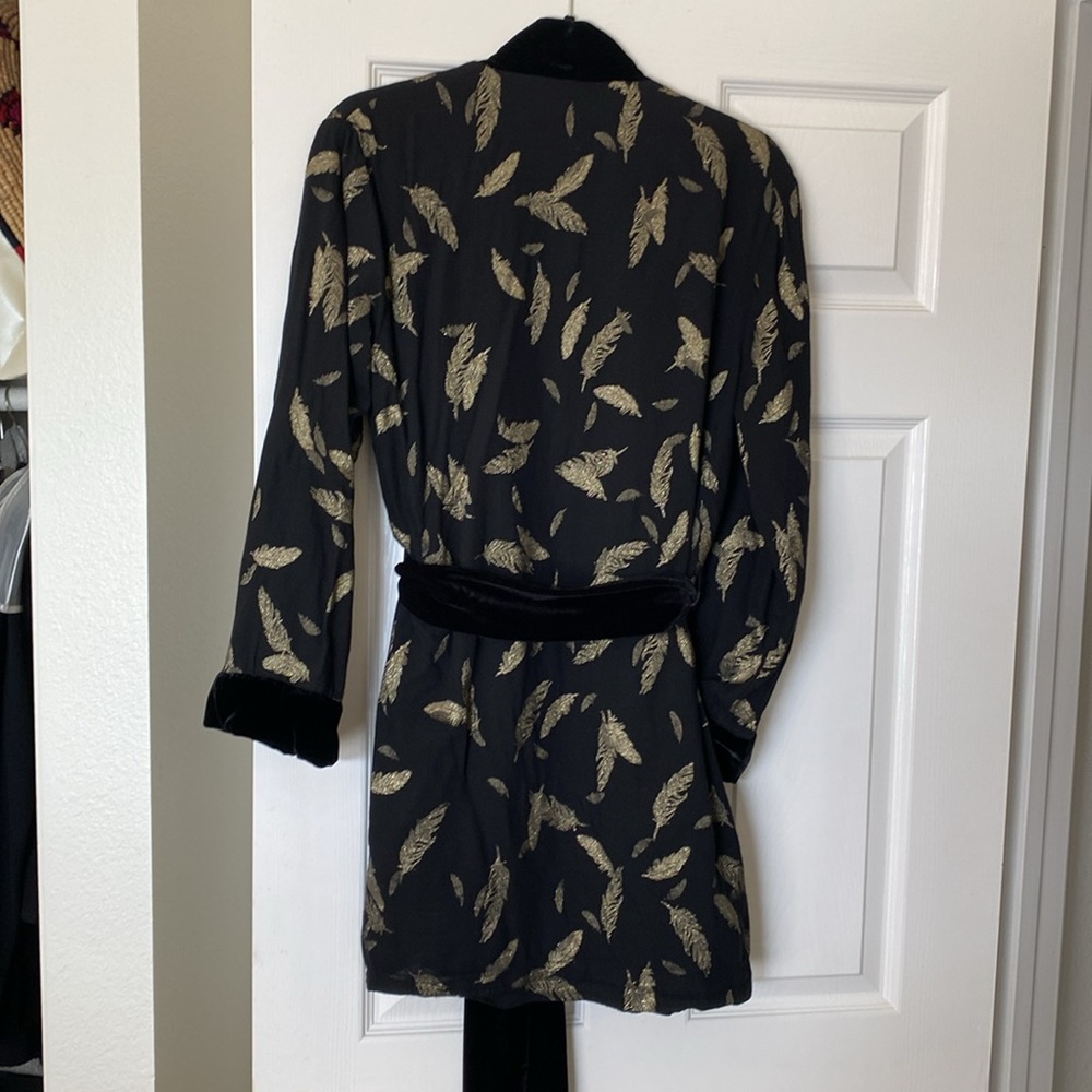 Johnny Was Workshop Open Jacket Black with Gold Feathers Velvet Trim & Pockets